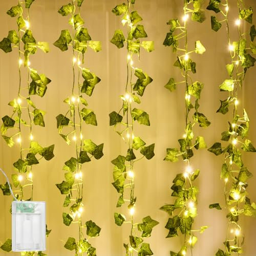 AUAUY LED Lichterkette Efeu Künstlich, 5 m 50 LED Efeu Künstlich mit Lichterkette Innen, Grüne Blatt Efeugirlande Lichterkette für Schlafzimmer, Kinderzimmer, Hochzeit, Bücherregal Dekoration