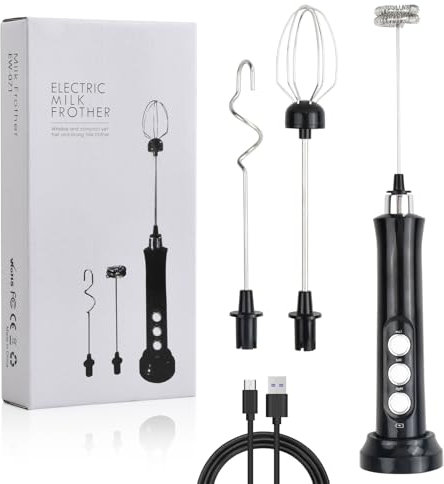 vesaneae Mousseur à Lait Électrique, Mousseur à Lait USB Rechargeable, Batteur Électrique, Réglable en 3 Vitesses, avec 3 Fouets en Acier Inoxydable, pour Café, Matcha, Colacao, EW-071 -Noir