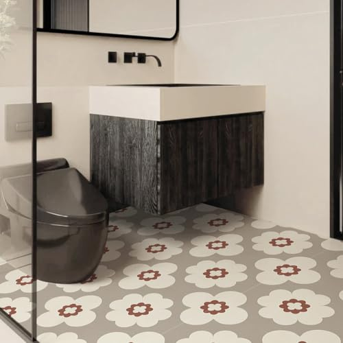 JOLIHOME Floral Pattern Floor Tile White, Grey and Red Self Adhesive Vinyl Flooring Peel and Stick Contact Paper Wall Stickers for Bathroom Kitchen Waterproof Abrasion (Gardenia, 20x20cm, 10 PCS)