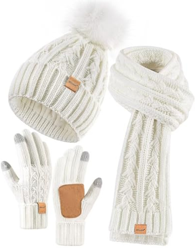 Winuesa Mütze, Schal & Handschuh-Sets für Damen, Beanie Mütze Damen Winter mit Bommel Fleece Gefütterte, Touchscreen Handschuhe Schal Wärmer 3 in 1 Geschenk Set(Weiß)
