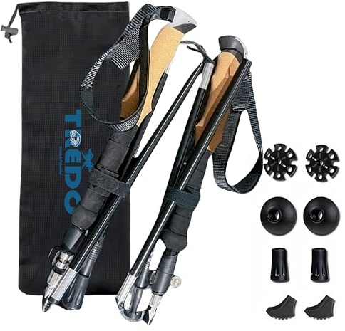 TREDO Faltbare Premium-Trekkingstöcke – ultraleichtes Aluminium und Kohlefaser – verstellbare, faltbare Wanderstöcke – leicht für Damen und Herren – bequeme Kork-/EVA-Griffe – 2-teiliges Set