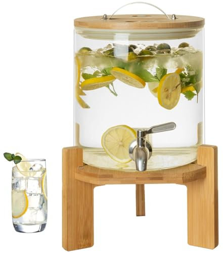 Dispensador de bebidas de vidrio de 7,5 L con grifo de acero inoxidable y soporte, recipiente a prueba de fugas para cócteles, agua y té casero, recipiente dispensador de bebidas con tapa