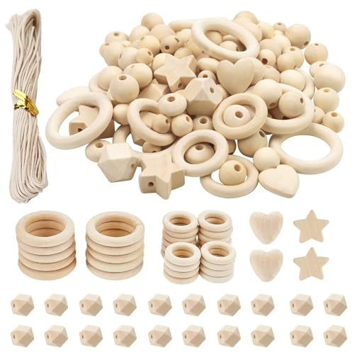 126 Stück Holzperlen Makramee Set, DIY Holzringe zum Basteln, Natur Runde Holzperlen, Holzkugeln mit Loch Kit Enthält 110 Holzperlen Natur, 15Holzringe Makramee Zubehör und Bastelseilen