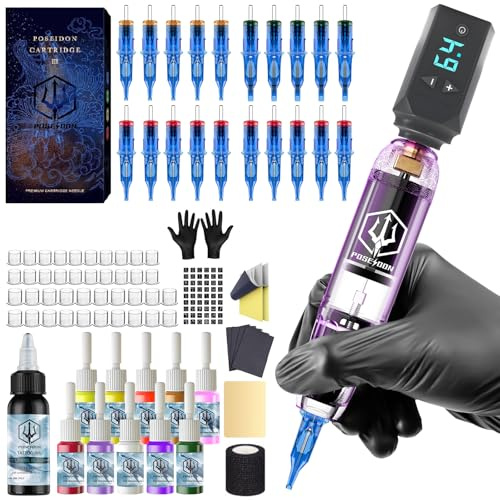 Kit Poseidon de machine à tatouer rotative sans fil avec 20 aiguilles cartouche et encre | Pistolet portable professionnel pour débutants