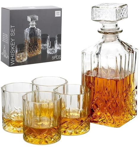 GEEZY Whiskey Decanter Set, 5 Pcs - 4 Whiskey Tumblers 230ml & 900ml Decanter Carafe, Elegant Diamond Cut - Classic Gift for Men - Alcohol Glasses, Scotch, Rum & Whisky Accessories Enthusiasts
