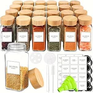 Urban London 24 PCS Square Glass Spice Jars with Bamboo Lids and Labels Lead-Free Durable and Easy-to-Use Storage Containers for Cooking and Baking Each 10.6x4.6cm