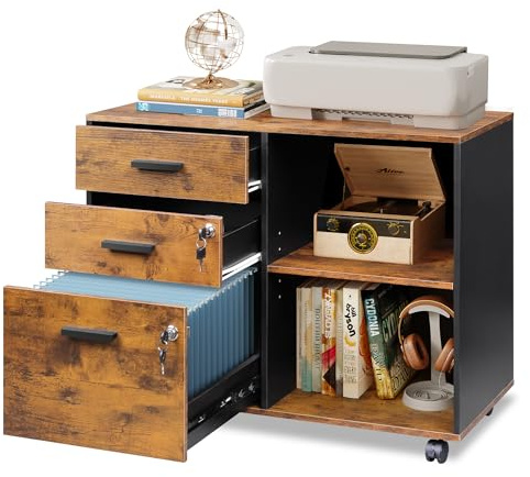 DEVAISE 3 Drawer Mobile File Cabinet,Wood Lockable Drawers Printer Stand with Open Storage Shelf fits A4 or Letter Size for Home Office, Rustic Brown