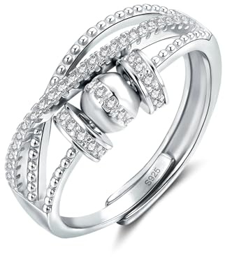 Josfeva Anello in argento 925 Josfeva, anello anti stress in argento 925, anello regolabile aperto con perle, anello spinner da fidget con zirconia cubica, anelli unisex di decompressione per persone