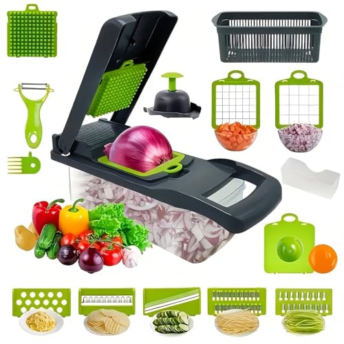 EEGAO Vegetable Chopper, Multifunctional Kitchen Food Chopper, Slicer Dicer Cutter, Spiralizer, Separator, Stainless Steel Blades, ABS Body