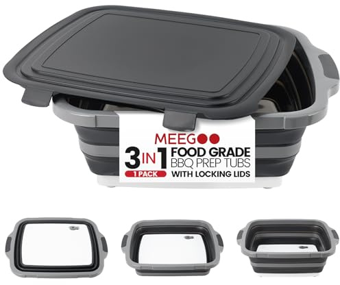 BBQ Prep Tub 3-IN-1 Large 16L Collapsible Cutting Board with Locking Lid for Meal Prep Marinating Food, Camping Sink with Colander, Dish Basin, Storage Blanket for Camping Picnic BBQ, Black