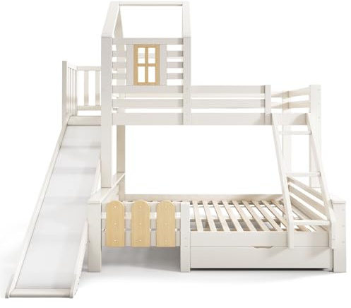 Etagenbett Bett 90x200 & 140x200 cm, Hausbett mit Schublade Rutsche und Leiter, Bett Hochbett mit Lattenrost, Blockhaus-Design,(Ohne Matratze)
