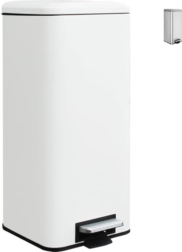 Ullege Kitchen Bin, 30L Rubbish Bin, Square Pedal Bin for Kitchen, White | White 30L Stainless Steel Bin with Inner Bucket, Large Rubbish Bin with Soft-close Lid for Kitchen, Living Room and Office