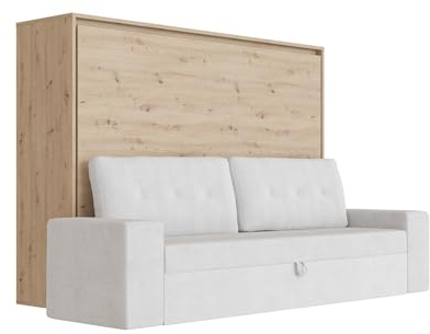 SMARTBett Schrankbett M2 140x200 Horizontal mit Sofa Sandgrau – klappbares Wandbett, platzsparend, inkl. Lattenrost, Polsterrahmen, für Wohnzimmer & Gästezimmer Wildeiche