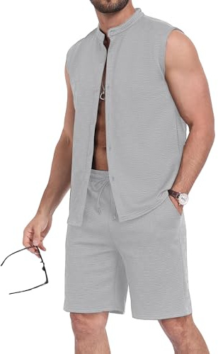 MLANM Men's 2 Piece Sleeveless Shirt & Shorts Set | Button Down, Crew Neck, Loose, Vintage, Classic, Elastic Waist, Pockets, Ideal for Beach, Holidays, Gym, Travel & Daily
