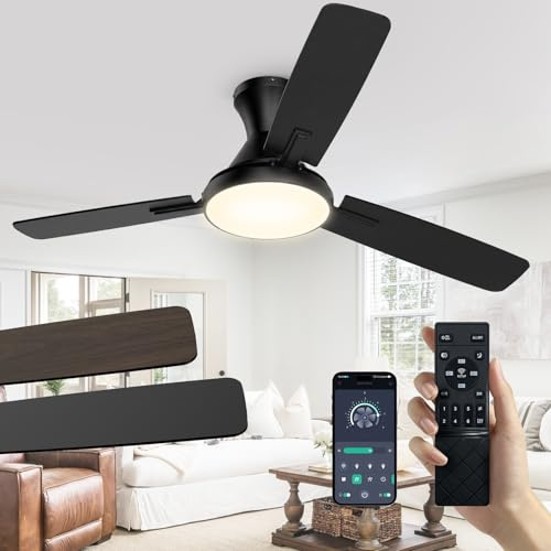 Ceiling Fan with Lights, 42” Sleek Ceiling Fan with Light and Remote/APP Control, 2700-6500K Adjustable, Stepless Dimming, Reversible Noiseless Motor, Flush Mount Fans Light for Bedroom Living Room