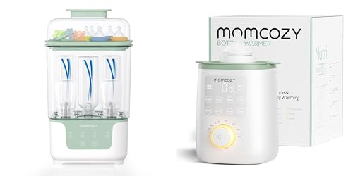 Momcozy Nutri-Flaschenwärmer Baby mit präziser Temperaturkontrolle & Nachtlicht & Elektrischer Dampfsterilisator & Trockner für Babyflaschen – Platzsparend, 6 Flaschen Kapazität