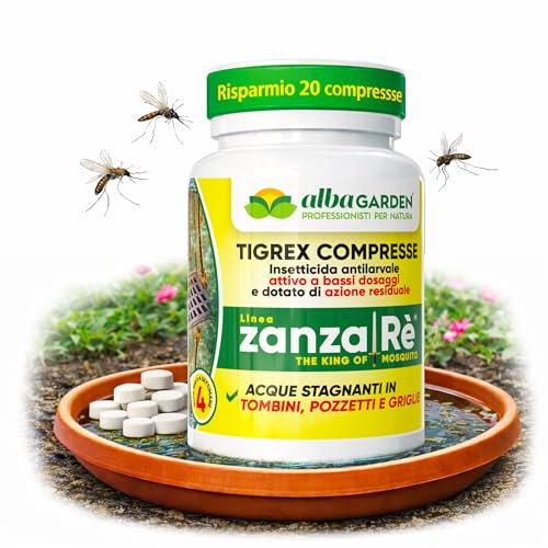 Albagarden Larvicida Zanzare Tigrex, 20 Compresse Insetticida Antilarvale, Zanzara Tigre e Comune, Tombini Pozzetti e Acque Stagnanti, Azione Residuale 4 Settimane