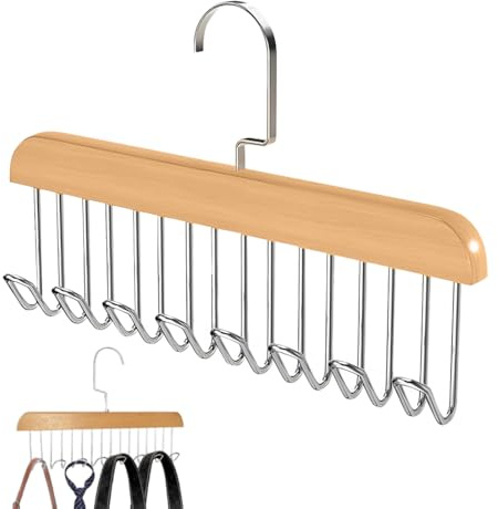 YIPFEN Percha de Madera Maciza, Organizador de Cinturones con 8 Ganchos, Colgador Giratorio 360° para Bufandas y Corbatas, Color Madera Natural, Ahorro de Espacio en el Armario
