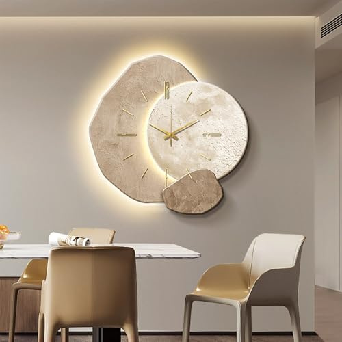LUVEQLSIT Orologio da parete decorativo 3D con luce LED – Moderno orologio Wabi-Sabi silenzioso, grande scultura murale effetto pietra, arte retroilluminata per il soggiorno(White,50cm/19.6in)