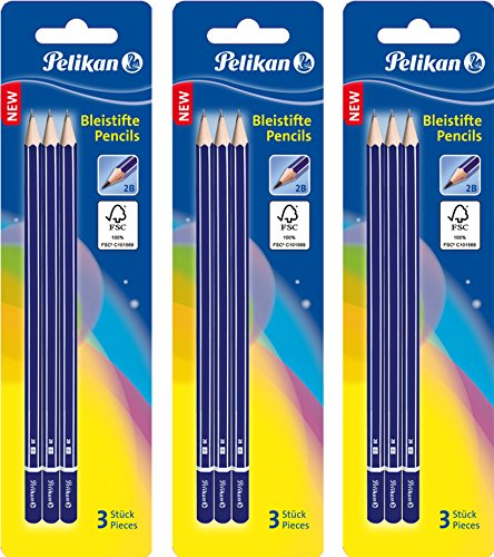 3 Packungen Pelikan Bleistift, Härtegrad 2B mit Radierer, Blister und 3 Stück