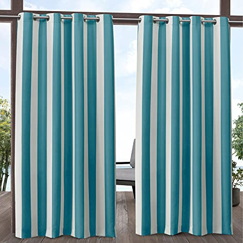 Exclusive Home Canopy Stripe Indoor/Outdoor Grommet Top Curtain Panel, 54x84, Teal / White, Set of 2