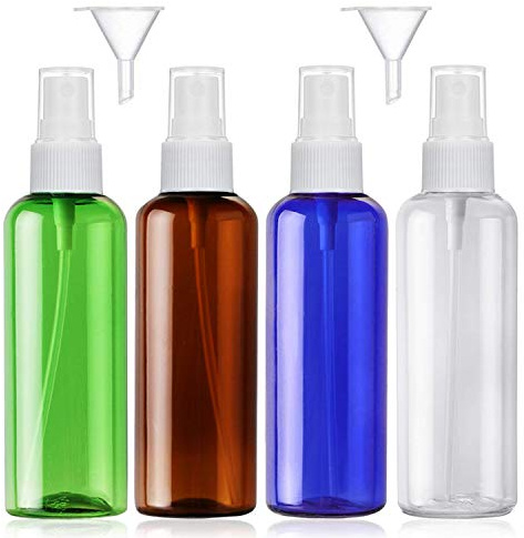 JamHooDirect 4Pcs, 100ml Spray Bottle Empty Plastic Fine Mist Travel Atomiser Set with 2 Funnels & 12 Stickers - Refillable & Reusable Bottle Toiletries Liquid Containers for Cosmetic Make-up
