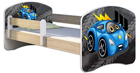ACMA Kinderbett 160x80 Jugendbett mit Matratze, Farbe Sonoma mit Rausfallschutz Lattenrost II Spielbett Kinderzimmer Möbel, 04 Blaue Auto