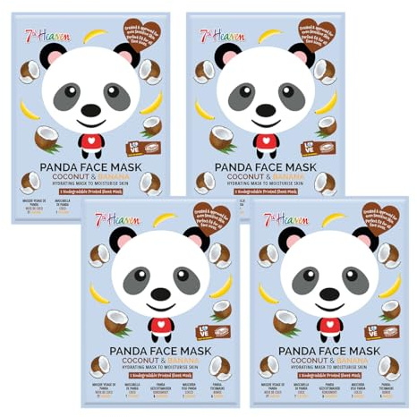 7th Heaven Panda Face Mask Multipack of 4 – Hydrating Kids & Teens Sheet Masks with Coconut & Banana – Moisturising & Soothing for All Skin Types – Cruelty-Free Skincare
