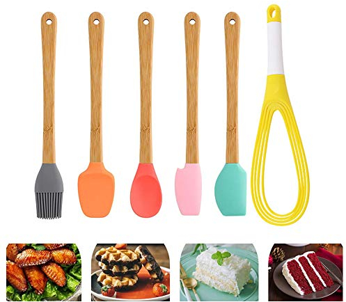 Mini Silicone Spatula Set Bamboo Handle Baking Scrapers Heat Resistant Turner Jar Spatula Barbecue Brush Whisk Egg Milk Blender for Baking Frosting Mixing Cooking6 Pcs Mini Silicone Spatula Set