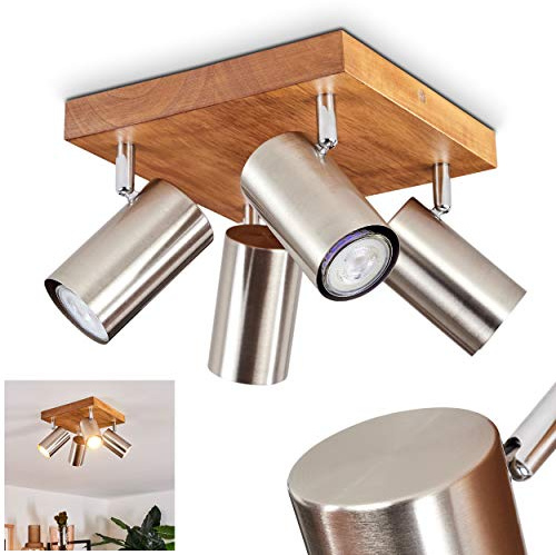 HOFSTEIN Deckenleuchte Zuoz, verstellbare Deckenlampe aus Metall/Holz in Nickel-matt/Naturfarben, Leuchte im Retro/Vintage-Design mit Holzbalken, 4 x GU10, Wohnzimmer, Esszimmer, Schlafzimmer, Küche
