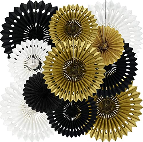 TONIFUL Black Gold White Hanging Honeycomb Round Paper Fans Decoration Set for Baby Shower Birthday Wedding Bachelorette Photo Booth Backdrops Anniversary Paper Party Supplies（11packs） …