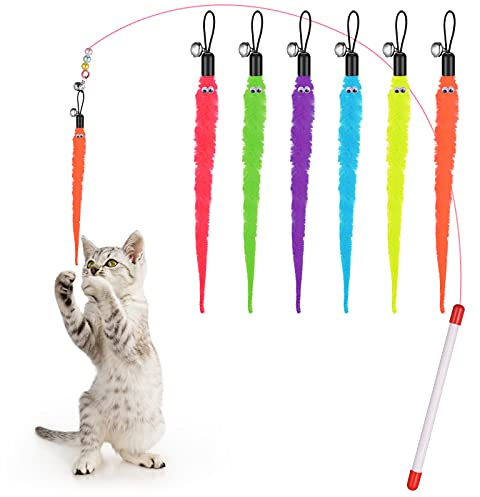 Molain Set giocattolo per gatti, 6 pezzi, coda pelosa con campanelle, giocattoli interattivi per cacciatori di gatti