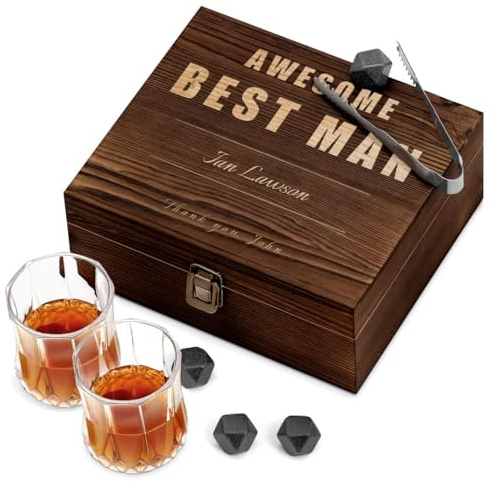 Maverton Whiskey stones set with 2 glasses for man, Awesome | Chilling rocks in wooden engraved box, 8 reusable ice cubes, Present for a whiskey lover, Gift For connoisseur