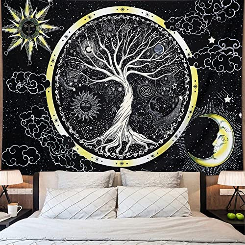 Betylifoy Psychedelic Mond und Sonne Tapisserie Baum des Lebens Wandbehang Tapisserie Schwarz und Weiß Galaxie Wandteppich Hippie Wand Kunst Tuch für Schlafzimmer (Sonne, 148x200cm)