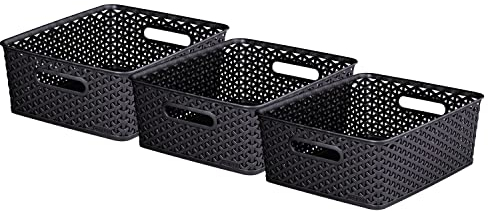 Curver My Style Rattan Effect Set of 3 Kitchen, Living room, Bathroom, Bedroom, Utility Medium Rectangular Storage Baskets 12 Litres - Anthracite, Dark Grey (L35.5cmX W29cm X H13cm)