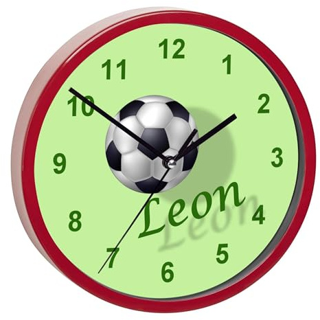 CreaDesign, Wanduhr für Kinderzimmer Fußball 2, Kinderuhr rot mit Quarz Uhrwerk, personalisiert mit Name, Durchmesser 19,5 cm