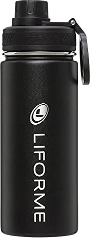 Liforme Tragbare Wasserflasche, auslaufsicherer Schraubverschluss, leicht, umweltfreundlich, heiße/kalte Vakuumisolierung, schweißfreies doppelwandiges Design, BPA-frei, 520 ml – Schwarz