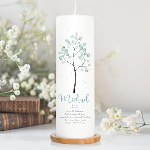 Wandtattoo Loft Taufkerze Junge Motiv Lebensbaum pastell, 25cm x 8cm, personalisierte Kerze, bedruckte Kerze zur Taufe, Stumpenkerze, individuelles Taufgeschenk