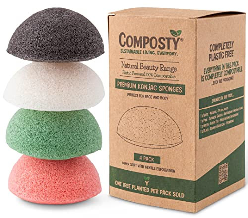 Composty® | Natural Konjac Sponges | 4 Pack | Cleansing & Exfoliation for All Skin Types | Natural Face Sponges | Reusable | Compostable | Plastic Free | Washing Puff for Shower | One Tree Planted