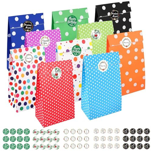 Navie Mobi Papiertüten,20 Stück Bunte Geschenktüten Kindergeburtstage mit 60 Aufkleber,Candy Tüten zum Verpacken von Geschenken,Giveaways,Hochzeit,Party,24 cm*13 cm*8 cm