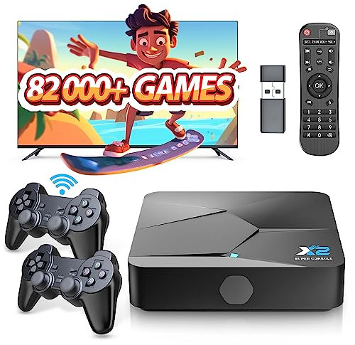 Super Console X2, Retro Games Console Built-in 82000+ Video Game, Plug & Play Games Console, Emuelec 4.5 & Android 9.0, 4K HD Display, 68+ Emulator Compatible with PSP/PS1/N64/Amiga, with 2 Gamepad