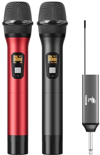TONOR Drahtloses Mikrofon, UHF Dual Kabelloses Metall Dynamisches Mikro System mit wiederaufladbarem Empfänger, für Karaoke, Hochzeit, DJ, Party, Rede, Kirche, Klassen, 60m (TW630), Schwarz&Rot
