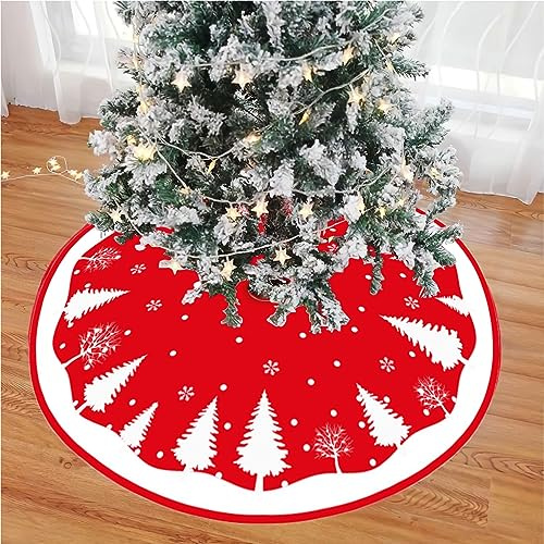 90 cm/35 Zoll Weihnachtsbaumdecke Rot Weiß, Runde Christbaumdecke | Weihnachtsbaumständer Hüllen, Weihnachtsbaum Rock mit weißem Winterwald-Muster, Tannenbaum Decke für Christbaumschmuck