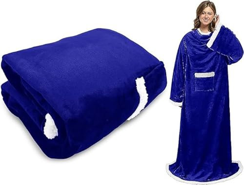 mebiusyhc Sherpa Wearable Blanket with Sleeves Arms, Super Soft Warm Comfy Large Fleece Plush Sleeved TV Throws Wrap Robe Blanket for Adult Women and Men (blue, 55 x 72 )