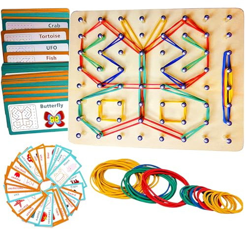 Miyobing Kreatives Holz Geoboard Für Unzählige Spannende Figuren | Montessori Lernspielzeug das Räumliches Denken Fördert | Motorikspielzeug, Geschenkidee Für Junge Und Mädchen Ab 3 4 5 Jahren