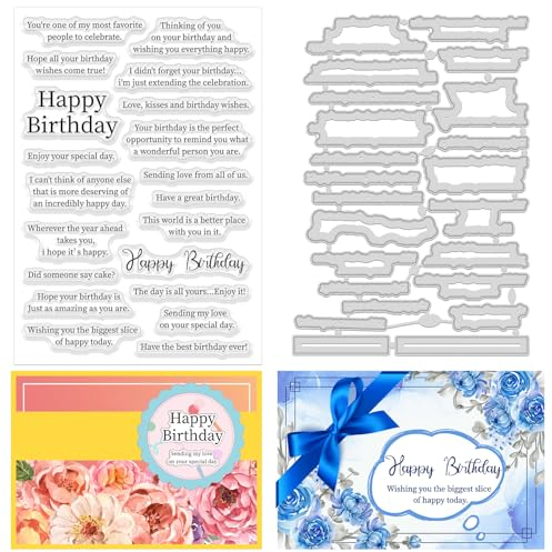 ORIGACH Birthday Sentiments Clear Stamps and Dies Set for Card Making Happy Birthday Silicone Stamps Cutting Dies for DIY Scrapbooking Album Decorative