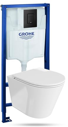 Lavita Vorwandelement Solido + Wand Hänge WC Galve Weiß Spülrandlos + WC Sitz mit Absenkautomatik Schwarzer Knopf Komplettset Unterputz Spülkasten Toilette Komplett Sett WC