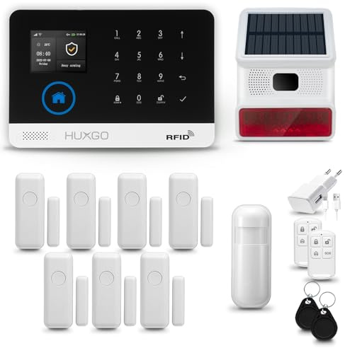 HUXGO® HXA003 Alarme Maison sans Fil WiFi + GSM 4G avec Sirène Solaire exterieure | Système d'alarme avec détecteur de Mouvement, 7X capteurs de Porte | Kit sécurité Maison, Appartement, Garage