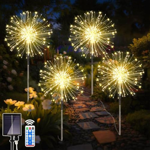 Joycome Solarlampen für Außen 4x150 LED Solarleuchten Pusteblume Gartenstecker mit Fernbedienung, 8 Modi Feuerwerk Gartenbeleuchtung Winterfest Gartenlichter Solar für Balkon Weg Blumenkästen Deko