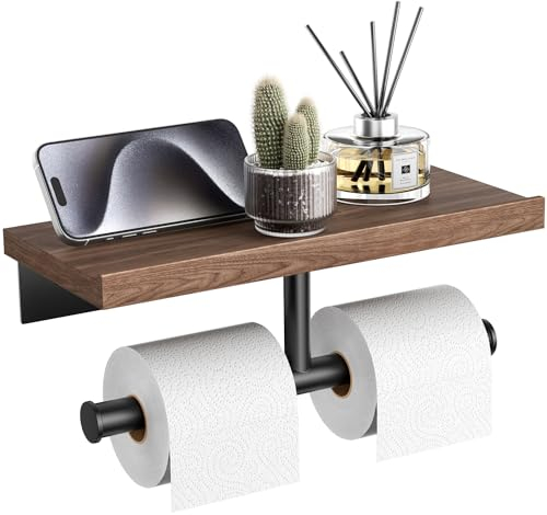 Tindbea Porte Papier Toilette Mural avec étagère Tablette,Porte Rouleau de Papier WC Mural en Bois,Porte Rouleau de Papier Toilette de Salle de Bain en Acier Inoxydable Noir Mat (Noyer)
